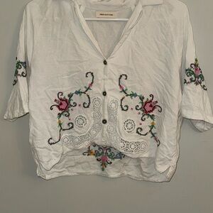 Urban Outfitters White Embroidered Cropped Button-Up Blouse